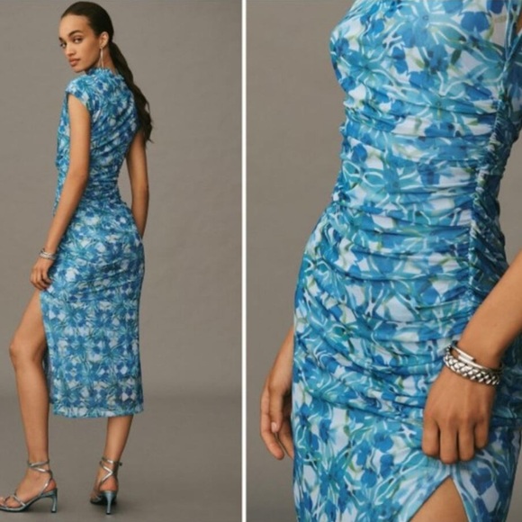 By Anthropologie The Maya Ruched Floral Mesh Midi Dress Size Small - Picture 2 of 12